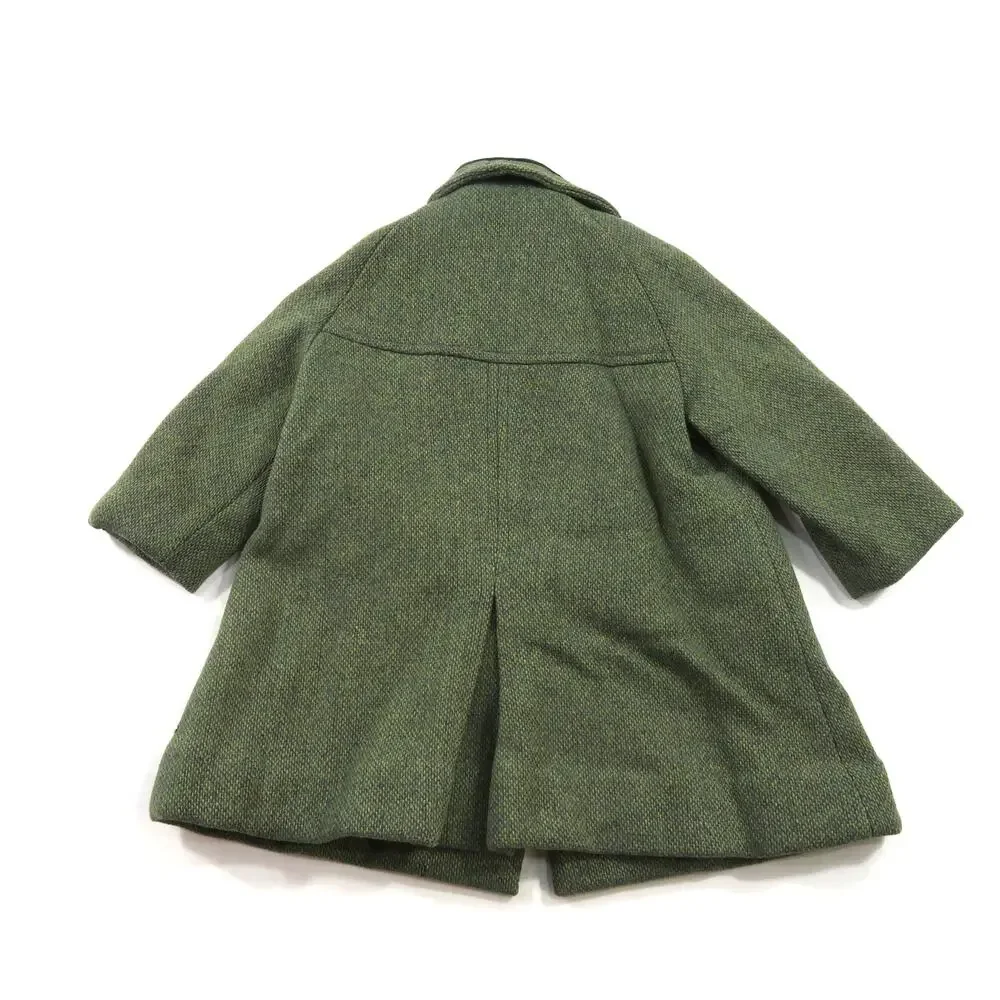 Wool Coat Green Tweed Kids Youth Sized Covered Buttons 1960s